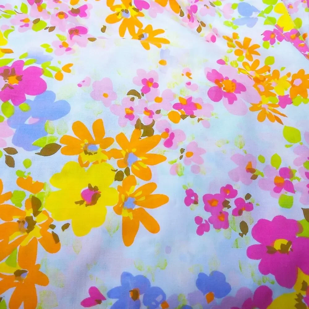 Vtg 70s Springmaid Twin Flat Sheet Retro Pink Yellow Orange Floral Mod Bedding